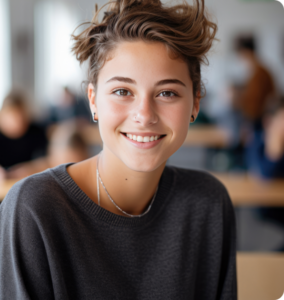 a young person with wavy bangs and earrings smiles at the camera